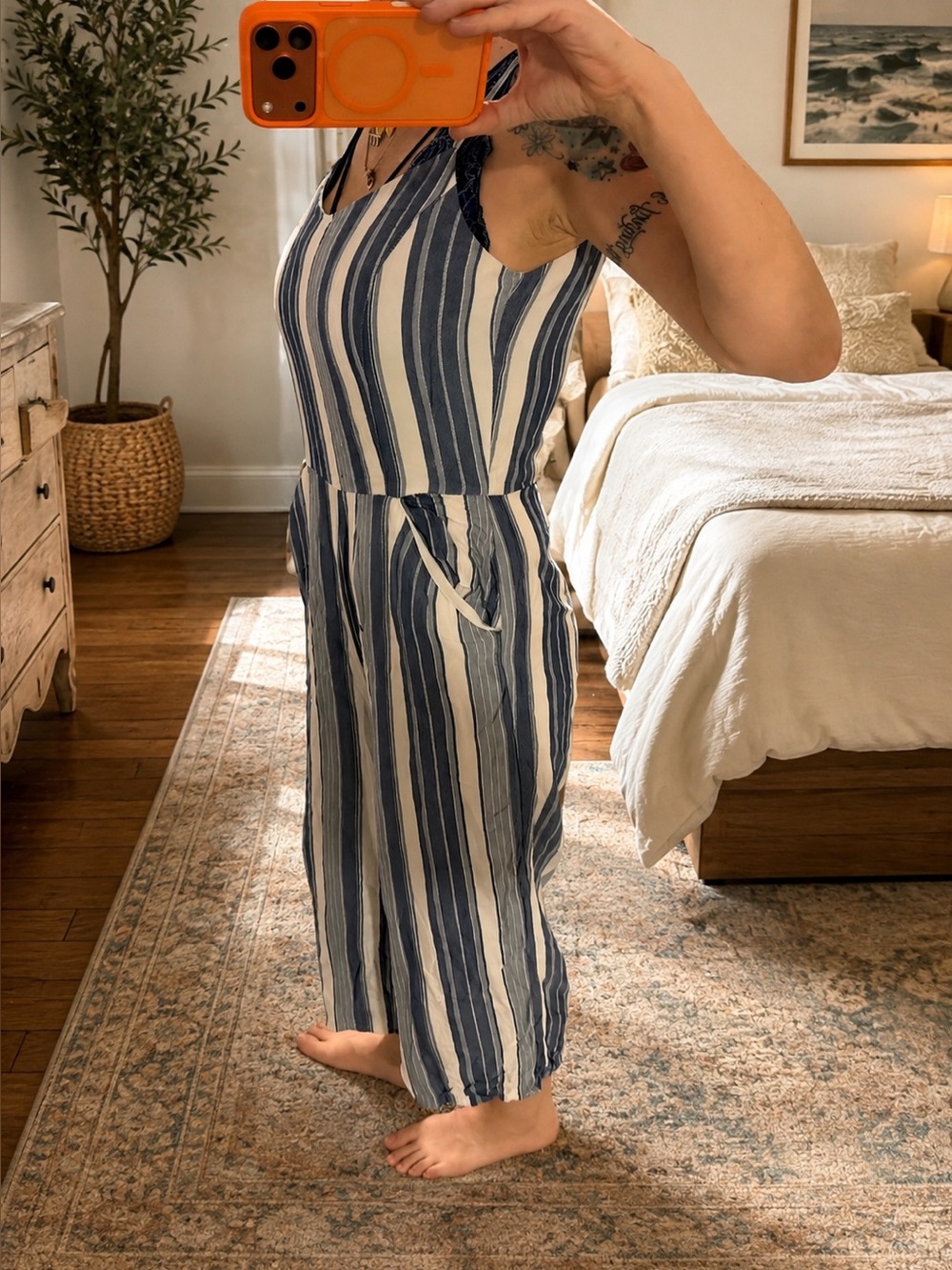 Pure Collection Blue and White Striped Sleeveless Jumpsuit